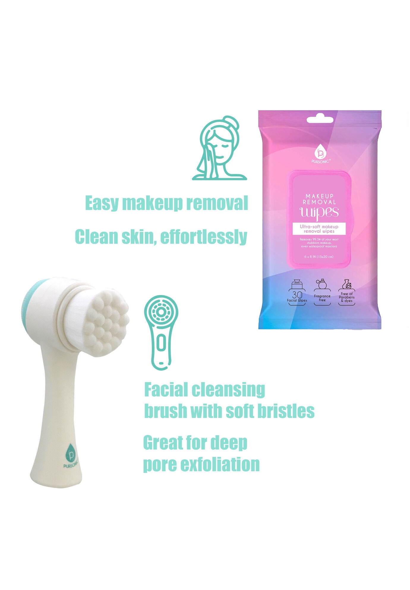 Radiant Beauty Bundle: Dual Sided Facial Cleansing Brush & Makeup Removal Wipes (12 Packs of 60=720 wipes), , on-hover image number 1