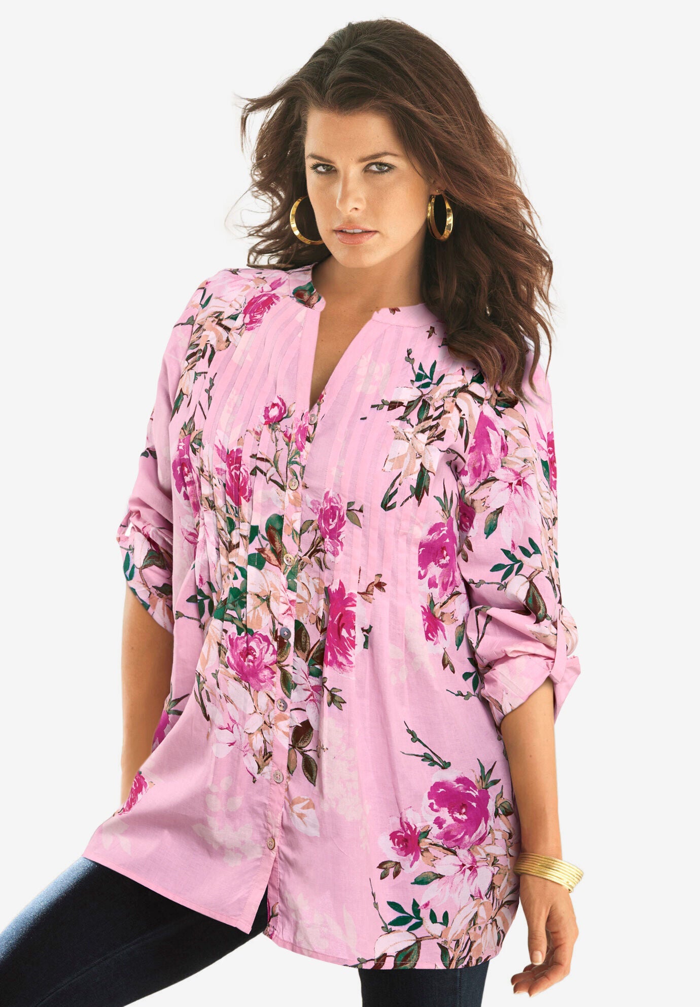 Plus Size Floral Y-Neck Pintuck Tunic &ndash; Adjustable Long Sleeve Button-Front, Relaxed Shirt Style, PINK ROMANTIC ROSE, alternate image number 3