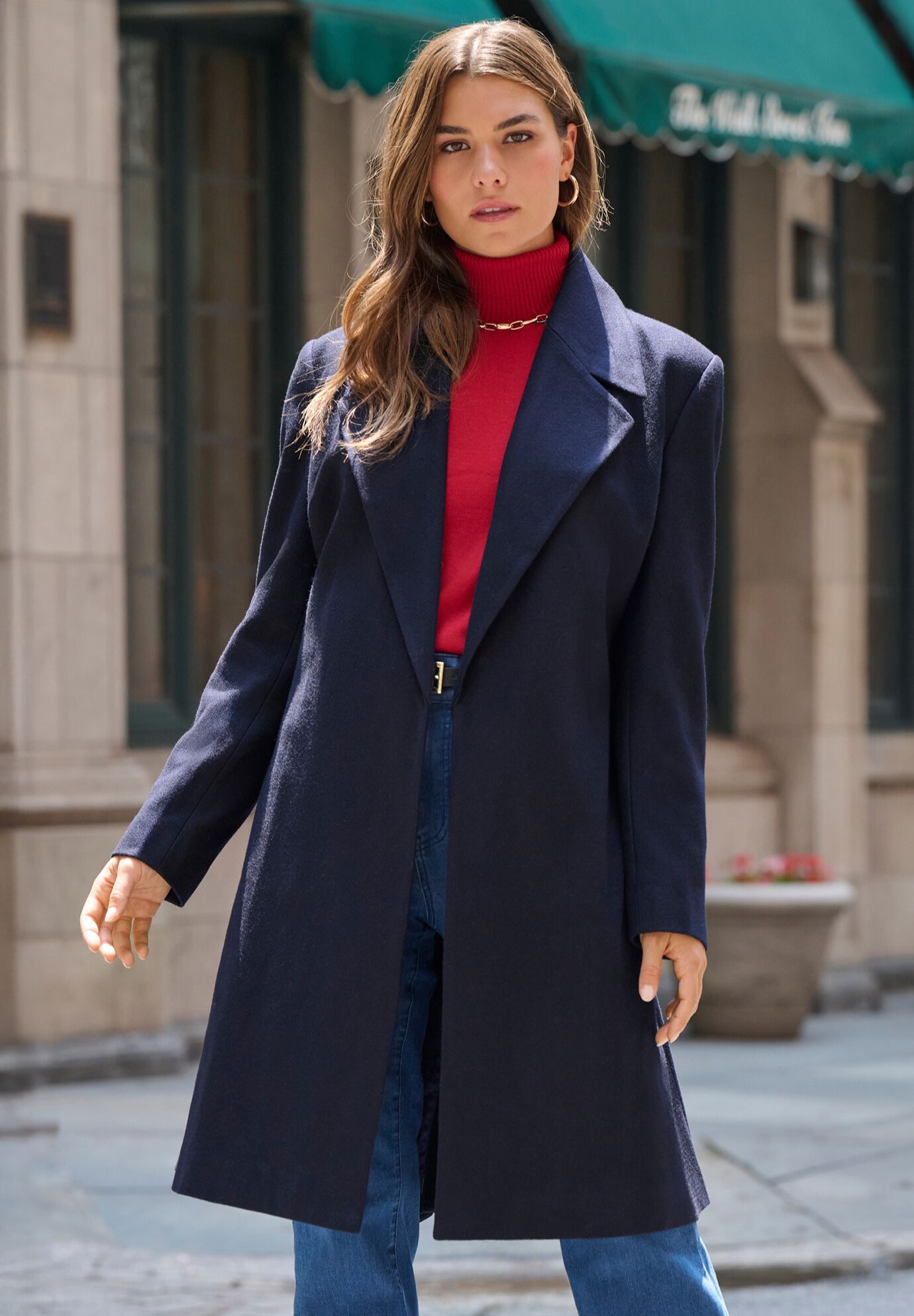 Plus Size A-Line Belted Wool Blend Coat, NAVY, on-hover image number 1
