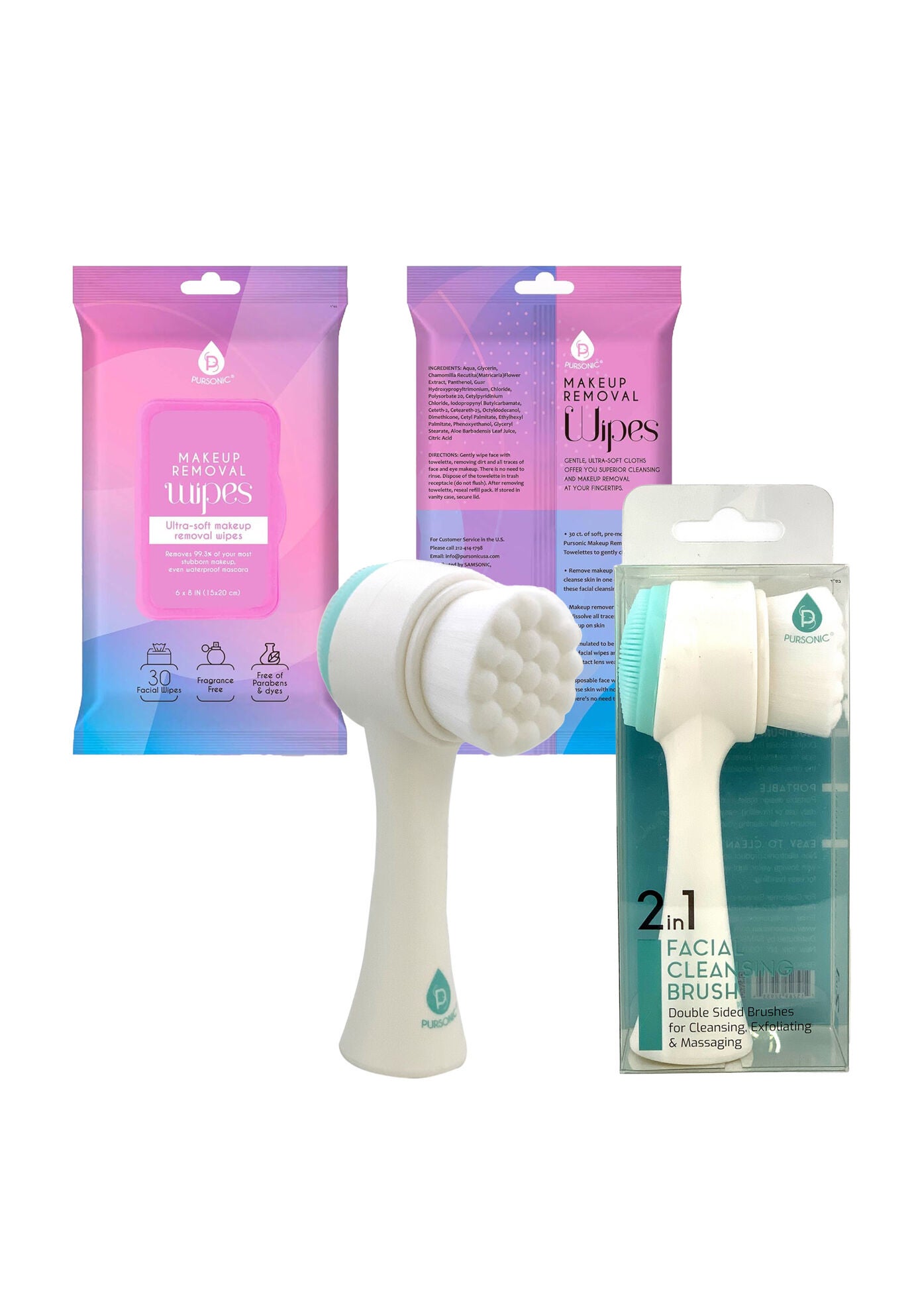 Radiant Beauty Bundle: Dual Sided Facial Cleansing Brush & Makeup Removal Wipes (12 Packs of 60=720 wipes), O, hi-res image number 0