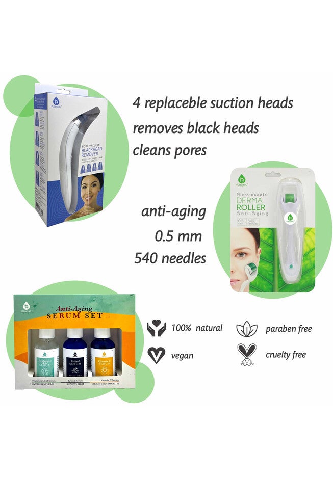 Ultimate Rejuvenation Bundle: Micro Needle Derma Roller, Pore Vacuum Blackhead Remover & 3-Pack Anti-Aging Serum Set, , on-hover image number null