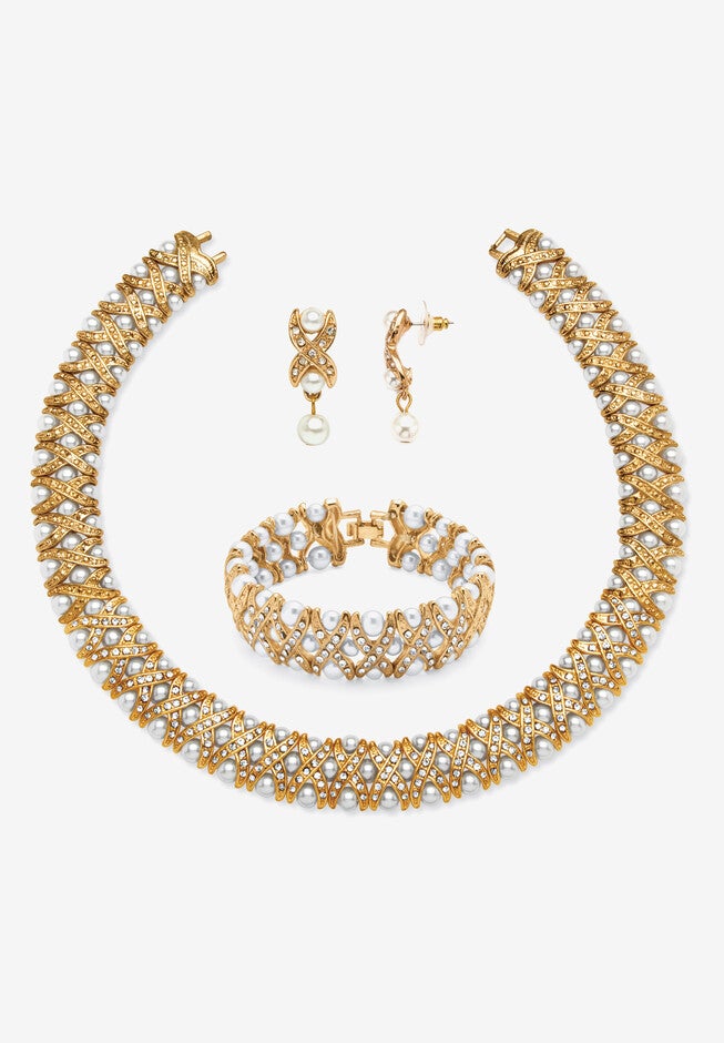 Gold Tone Necklace, Bracelet And Earring Set, Simulated Pearl Jewelry, CRYSTAL PEARL GOLD, hi-res image number null