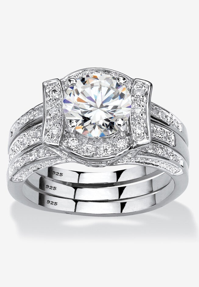 Cubic Zirconia Round Bridal Ring Set in Platinum over Sterling Silver, SILVER, hi-res image number null