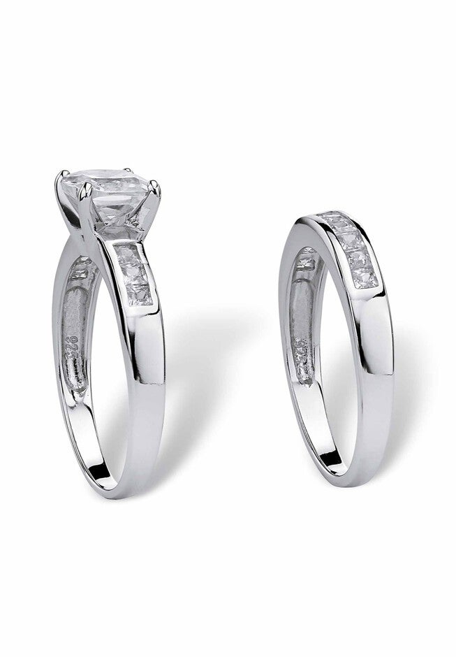 Platinum over Silver Princess Cut Cubic Zirconia Bridal Ring Set, , on-hover image number 1