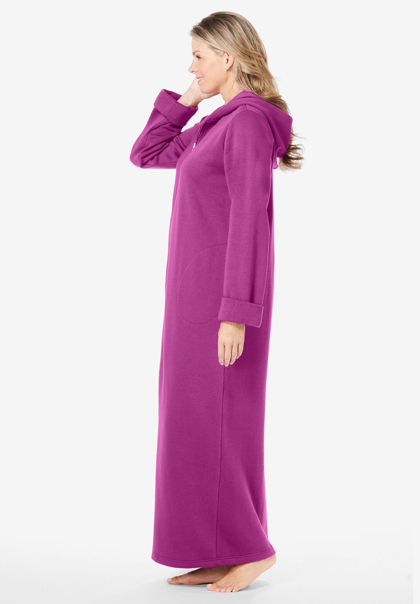 Long Hooded Fleece Sweatshirt Robe, RICH MAGENTA, alternate image number 2