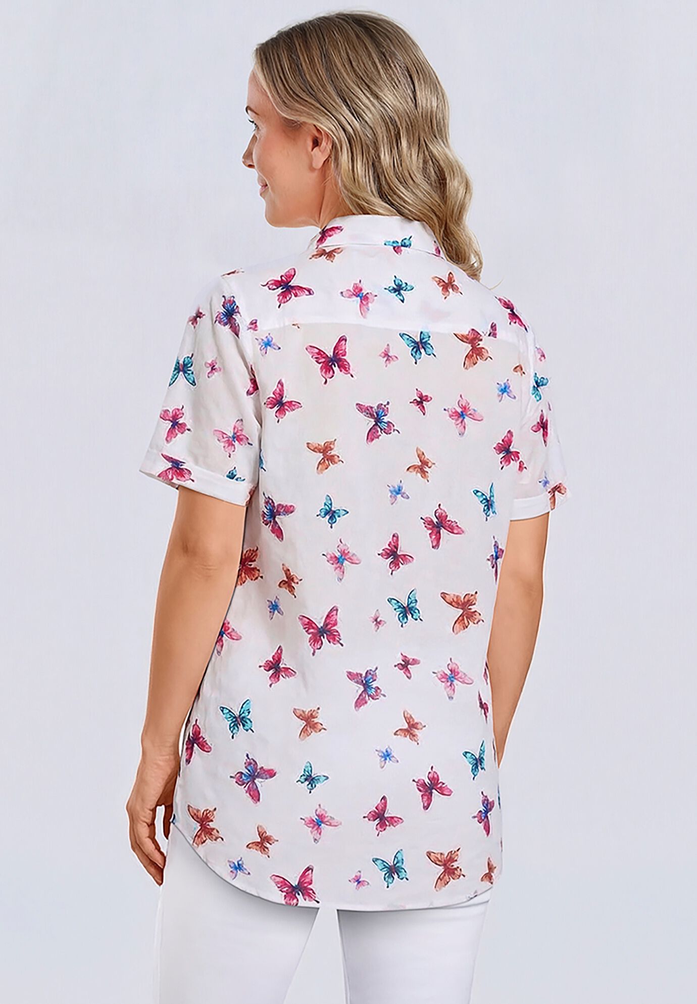 Short-Sleeve Cotton Campshirt, WHITE BUTTERFLIES, on-hover image number 1