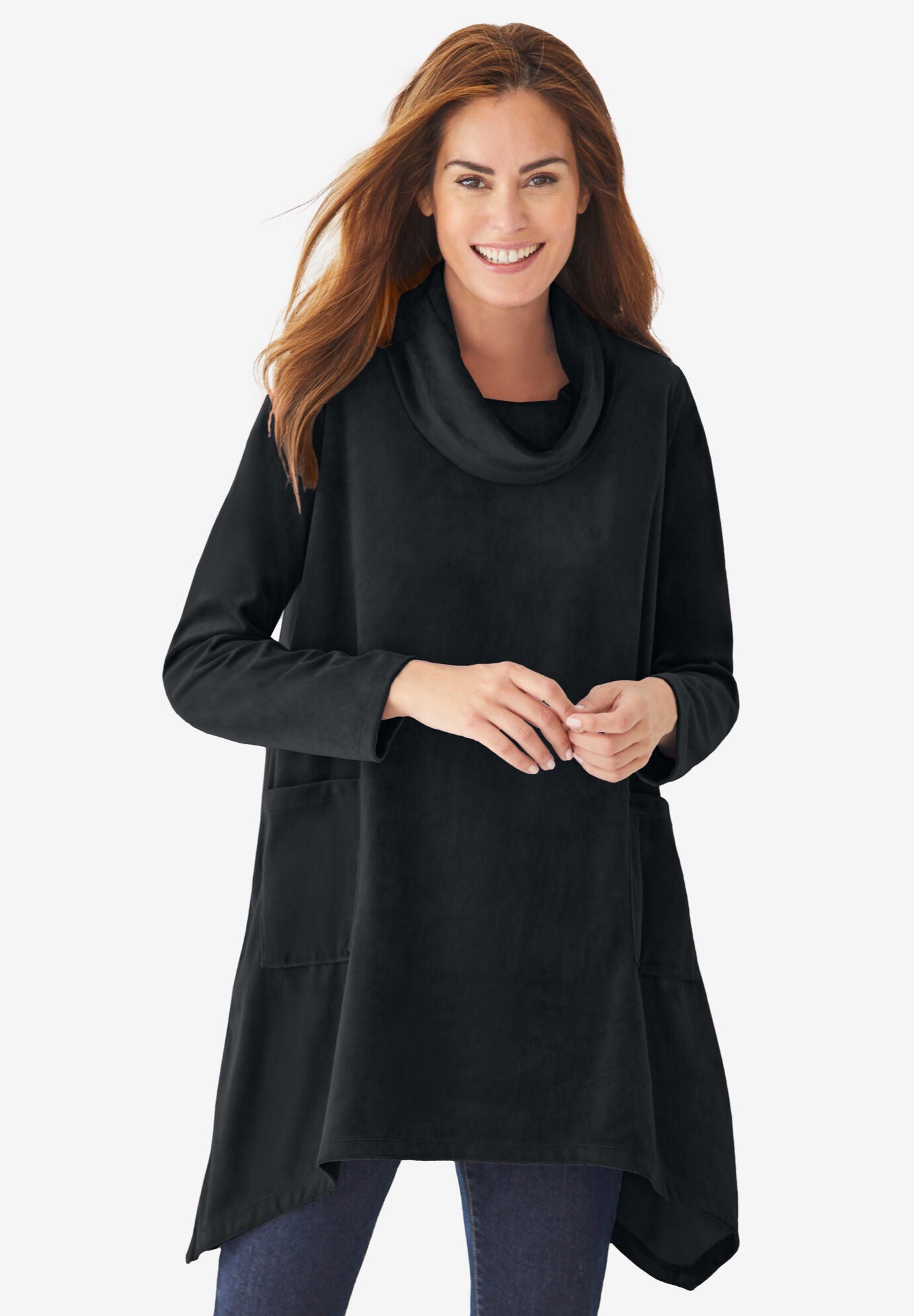 Velour Cowl Neck Pocket Tunic, BLACK, hi-res image number 0