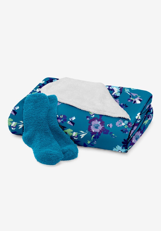 Fluffy Sock & Throw Set, DEEP TEAL ROMANTIC FLORAL, hi-res image number 0