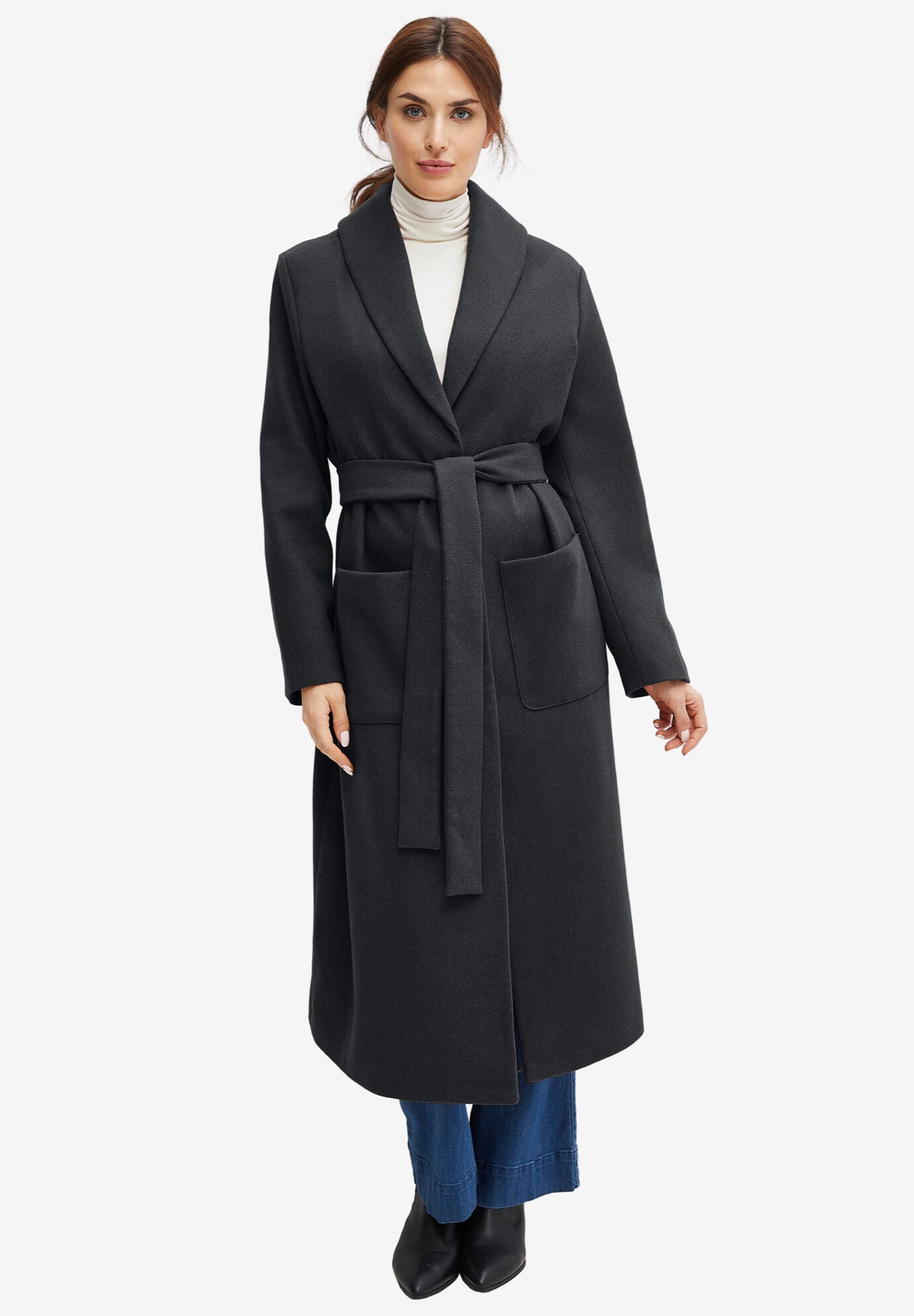 Shawl Collar Wool-Blend Coat, BLACK, hi-res image number 0