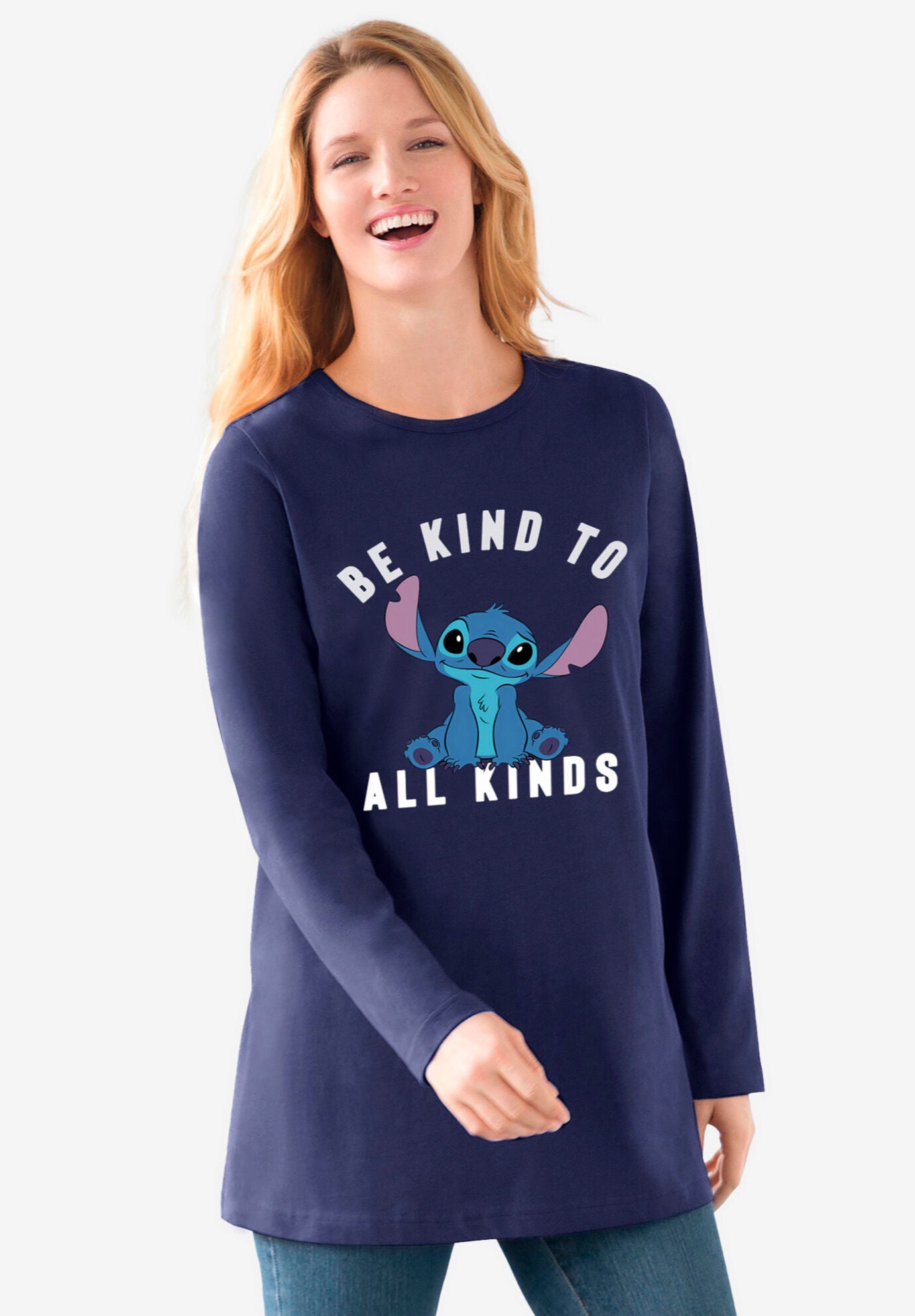 Disney Women's Long Sleeve Crew Tee Stitch Be Kind to All Kinds, NAVY STITCH, hi-res image number 0