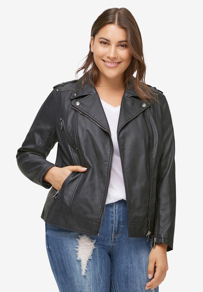Faux Leather Moto Jacket, BLACK, hi-res image number null