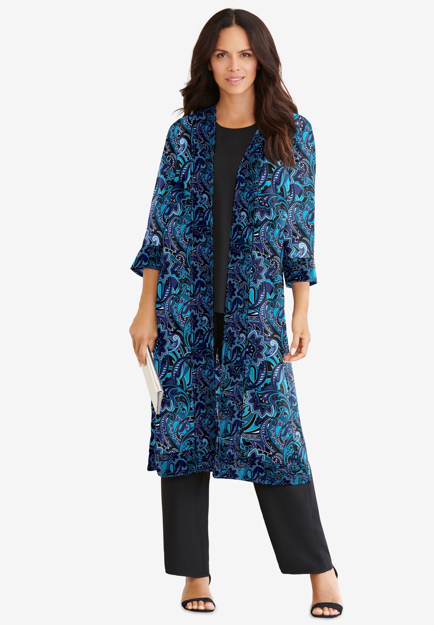 Plus-Size 3/4 Sleeve 3 Piece ITY Printed Duster Pant Set image number 0