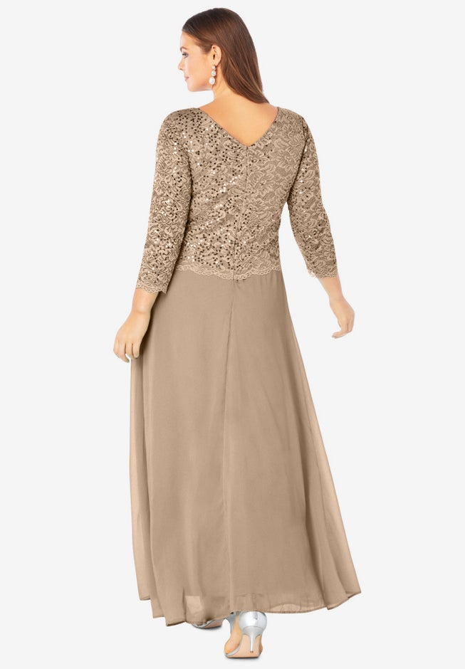 Plus Size Sequin Lace Three Quarter Sleeve A-Line Gown image number 2