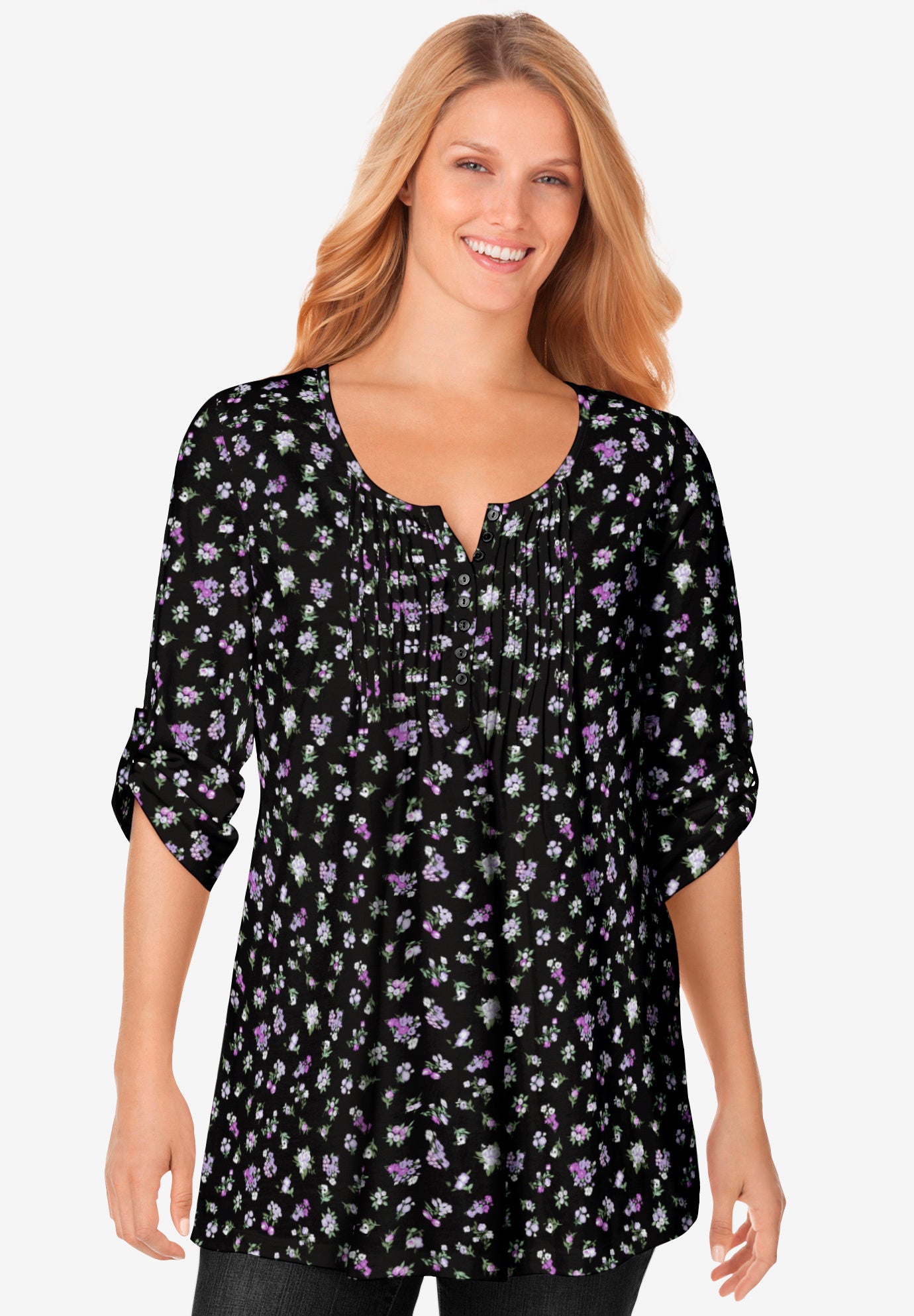 7-Day Three-Quarter Sleeve Pintucked Henley Tunic image number 1