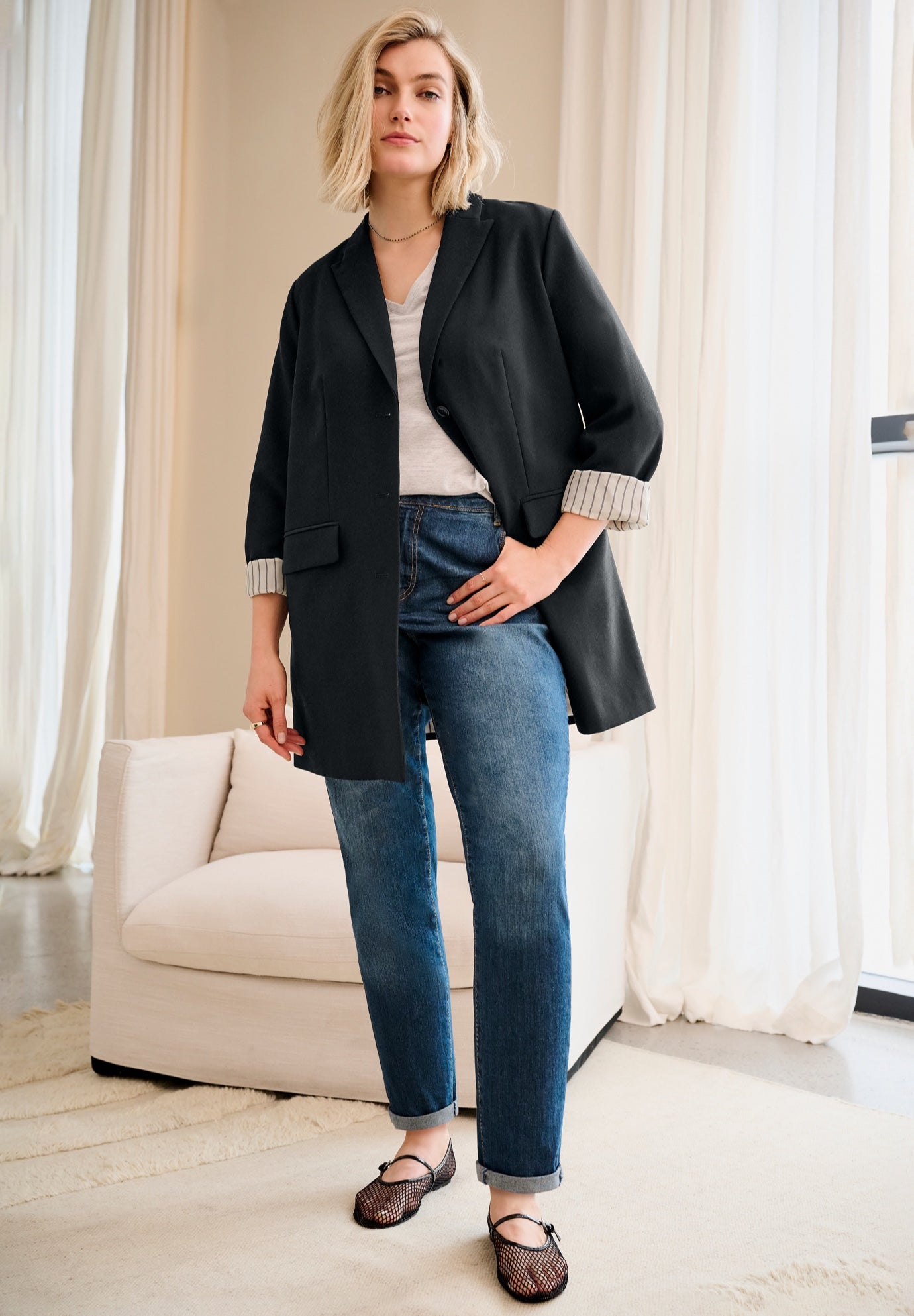 Stretch Button Front Oversized Long Blazer image number 3