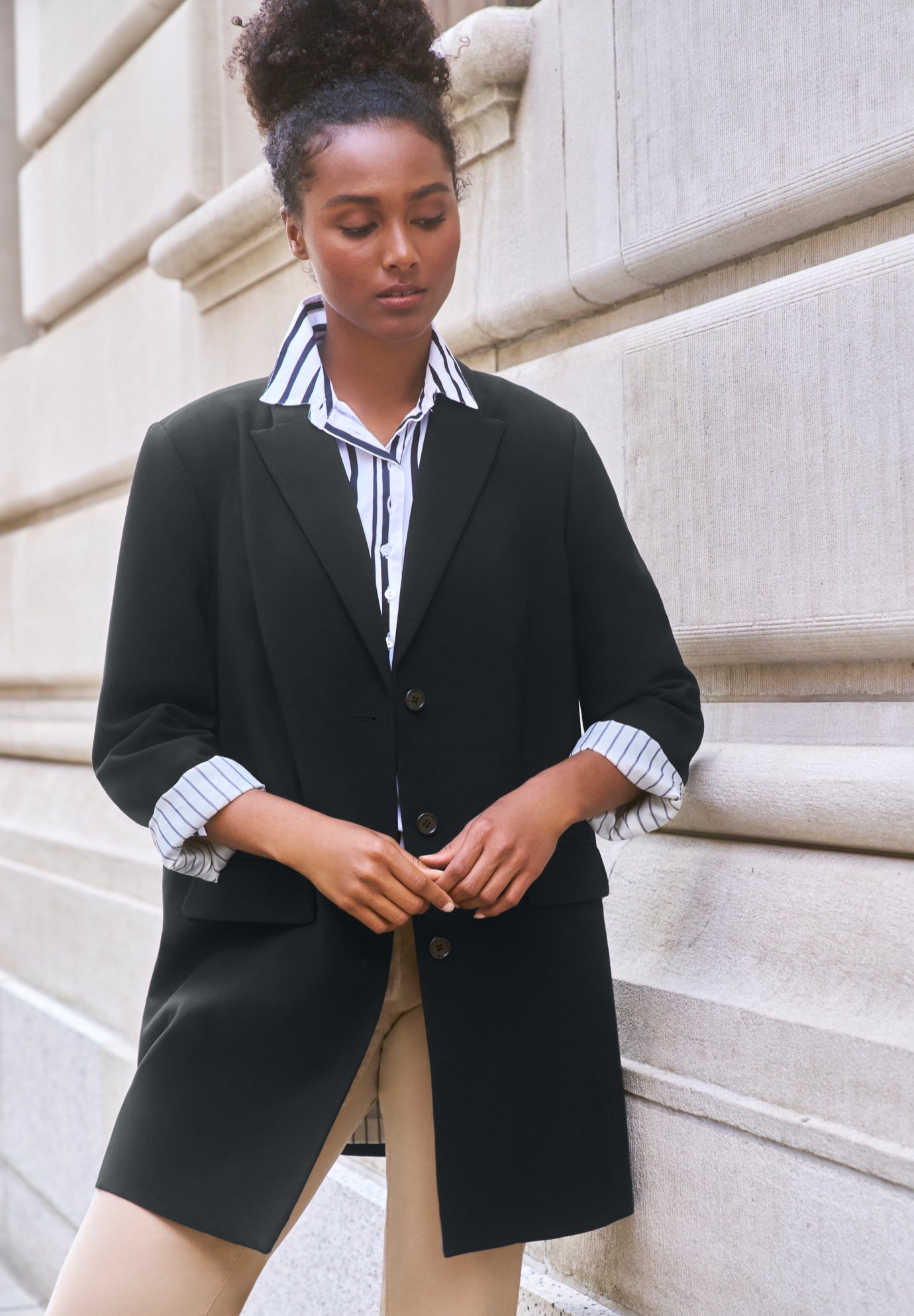 Stretch Button Front Oversized Long Blazer image number 0