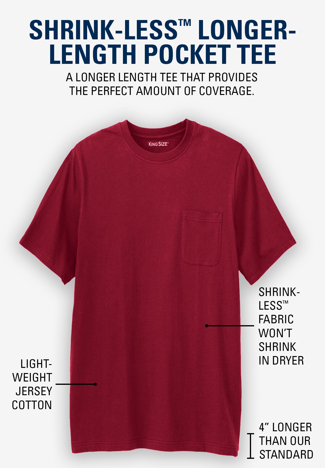 Shrink-Less&trade; Lightweight Longer-Length Crewneck Pocket T-Shirt image number 1