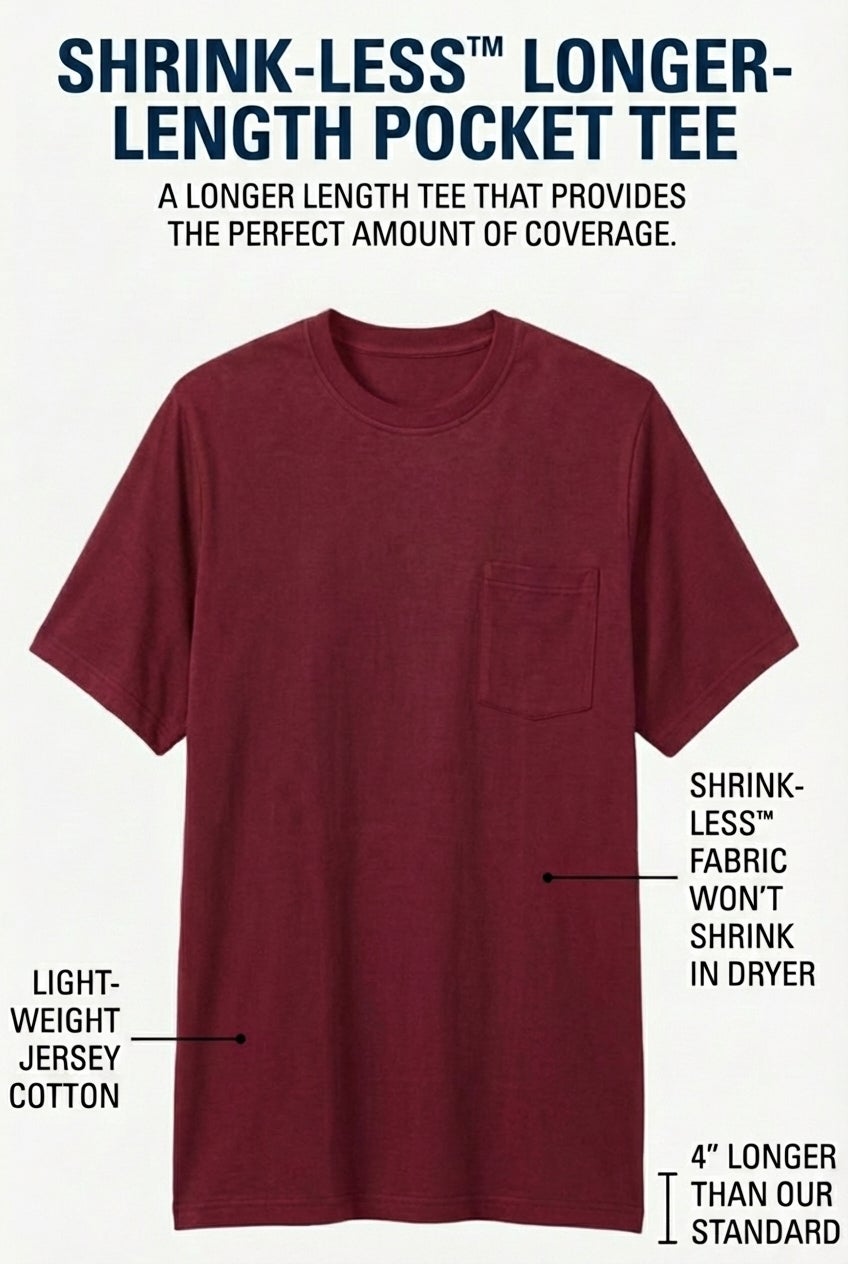 Shrink-Less&trade; Lightweight Longer-Length Crewneck Pocket T-Shirt image number 1