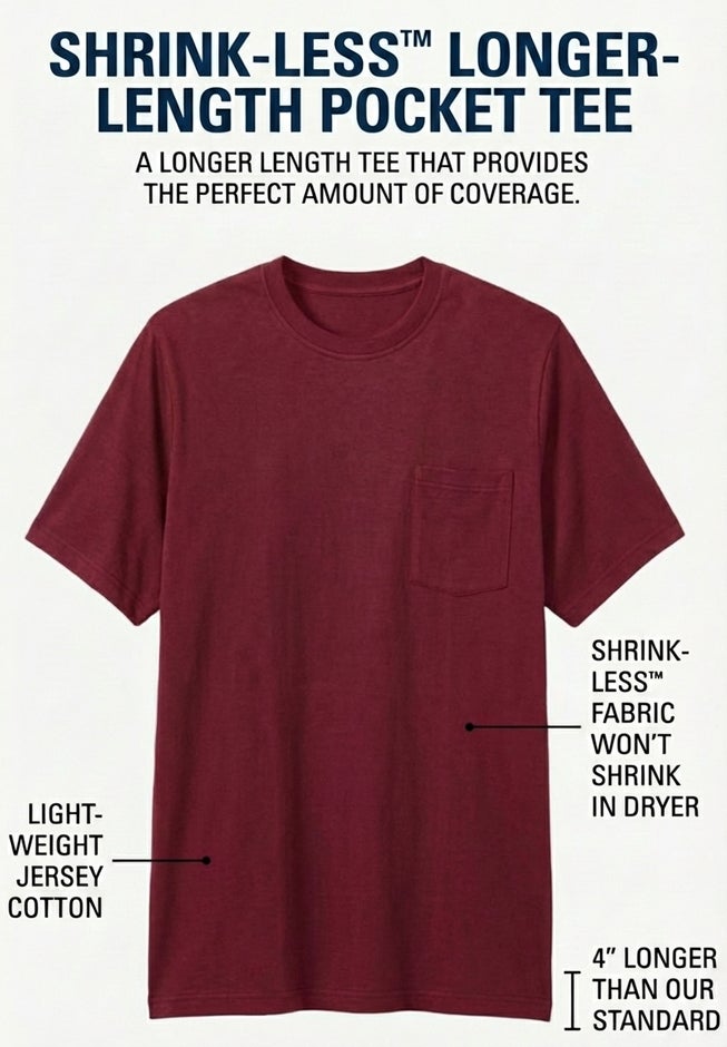 Shrink-Less&trade; Lightweight Longer-Length Crewneck Pocket T-Shirt image number 1