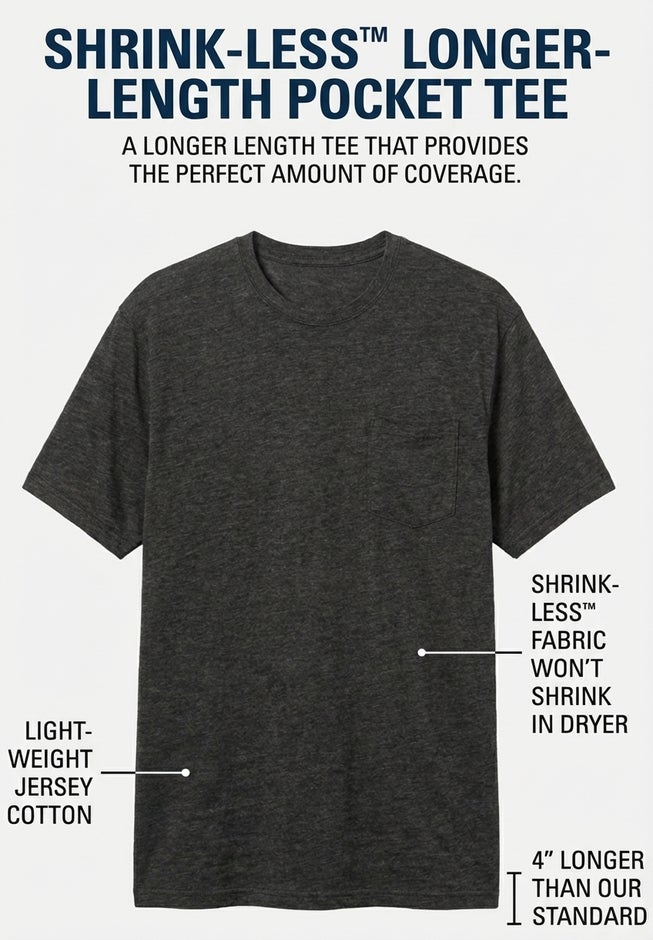 Shrink-Less&trade; Lightweight Longer-Length Crewneck Pocket T-Shirt image number 1