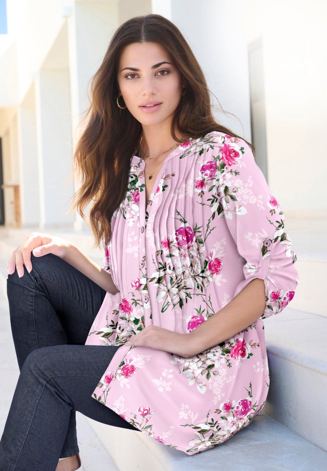 Plus Size Floral Y-Neck Pintuck Tunic &ndash; Adjustable Long Sleeve Button-Front, Relaxed Shirt Style image number 1