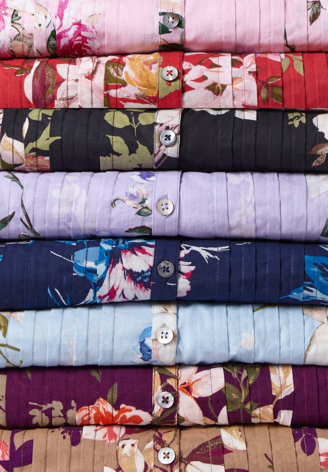 Plus Size Floral Y-Neck Pintuck Tunic &ndash; Adjustable Long Sleeve Button-Front, Relaxed Shirt Style image number 6