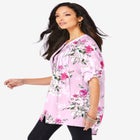 Plus Size Floral Y-Neck Pintuck Tunic &ndash; Adjustable Long Sleeve Button-Front, Relaxed Shirt Style image number null