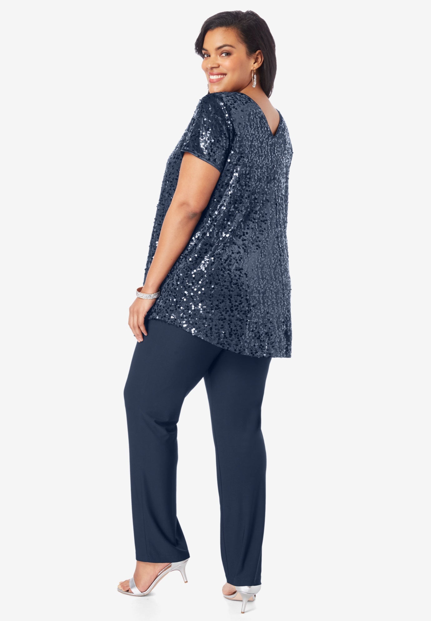 Plus-Size 2 Piece S/S Sequin Top and Pant Set image number 2