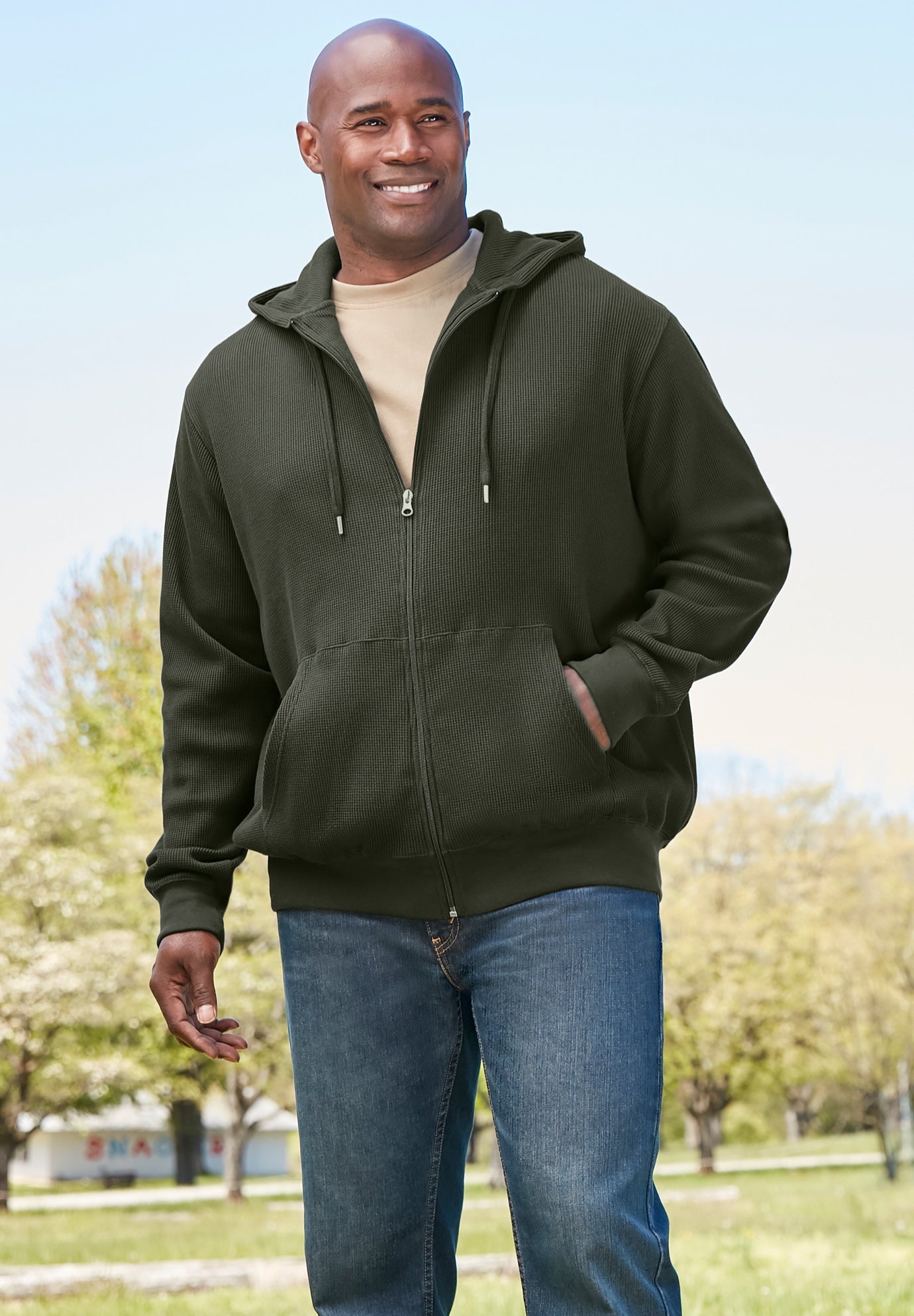 Thermal Waffle Zip Hoodie - Boulder Creek, Black | King Size
