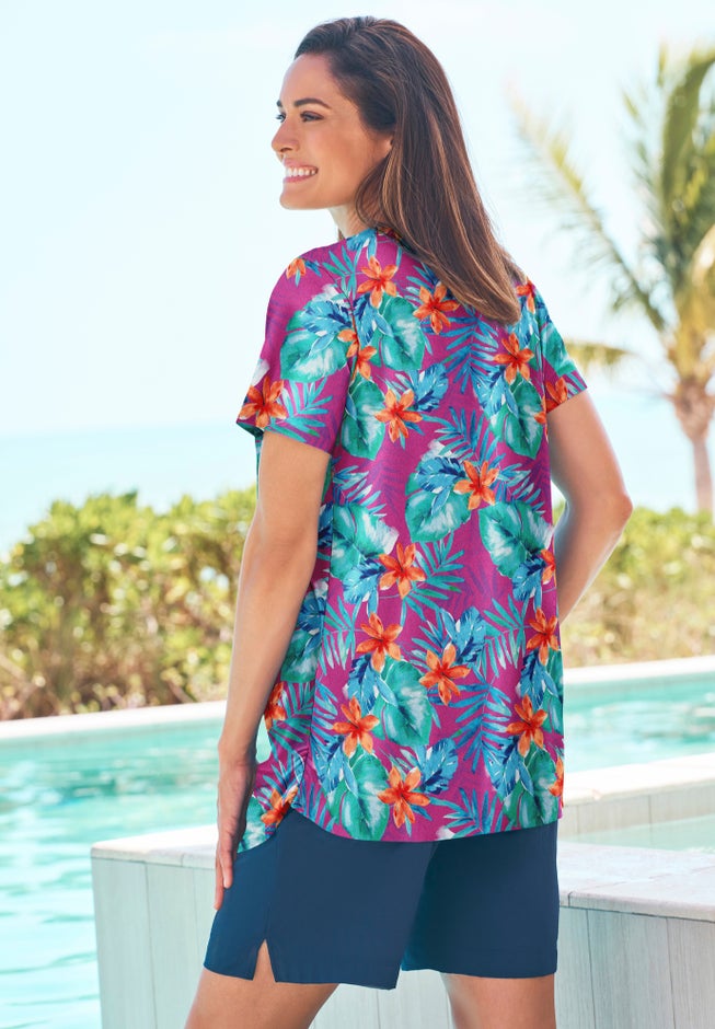 Split-Neck Short-Sleeve Swim Tee with Built-In Bra image number 1