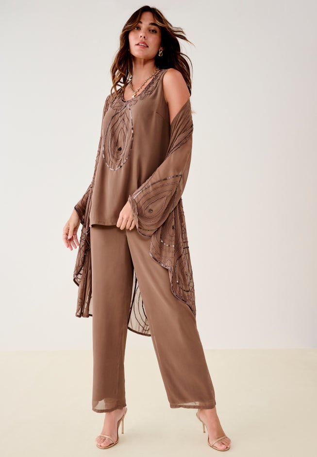 Plus Size Beaded Georgette Scoop Neck 3-Piece Pant Set image number 4