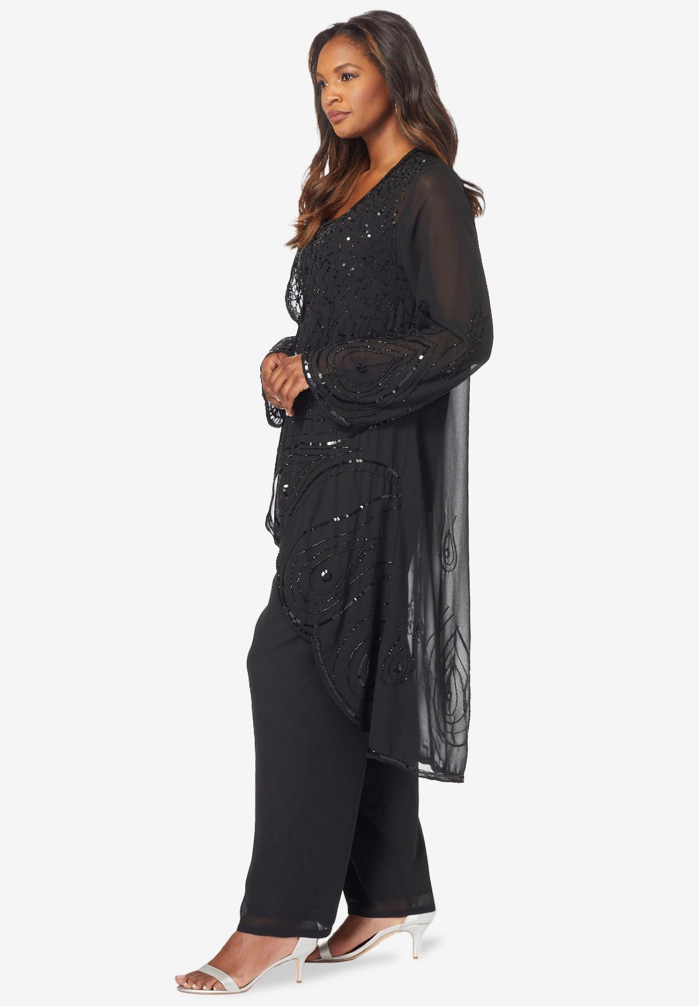 Plus Size Beaded Georgette Scoop Neck 3-Piece Pant Set image number 3