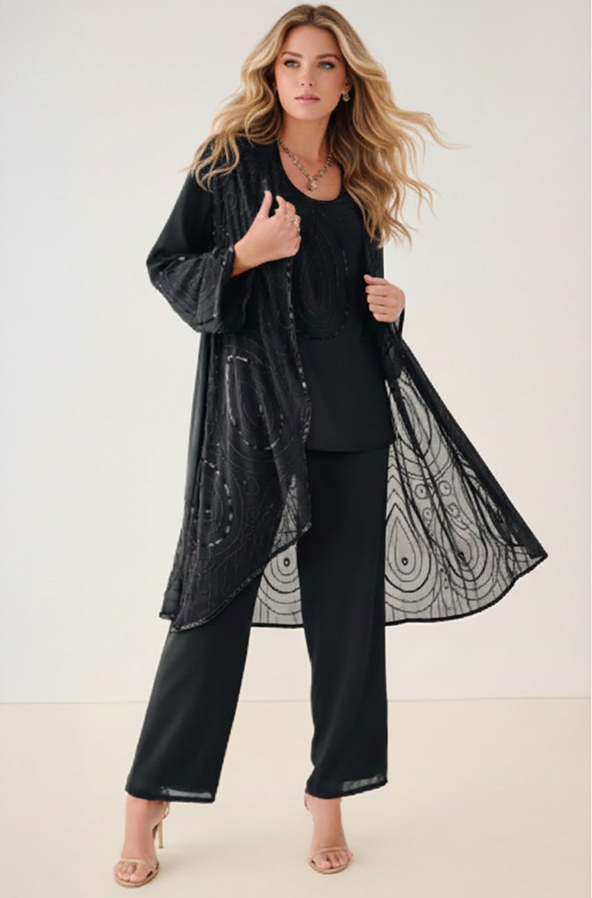Plus Size Beaded Georgette Scoop Neck 3-Piece Pant Set image number 1