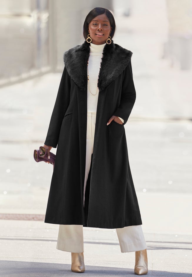 Long Wool-Blend Coat with Faux Fur Collar - Main Image