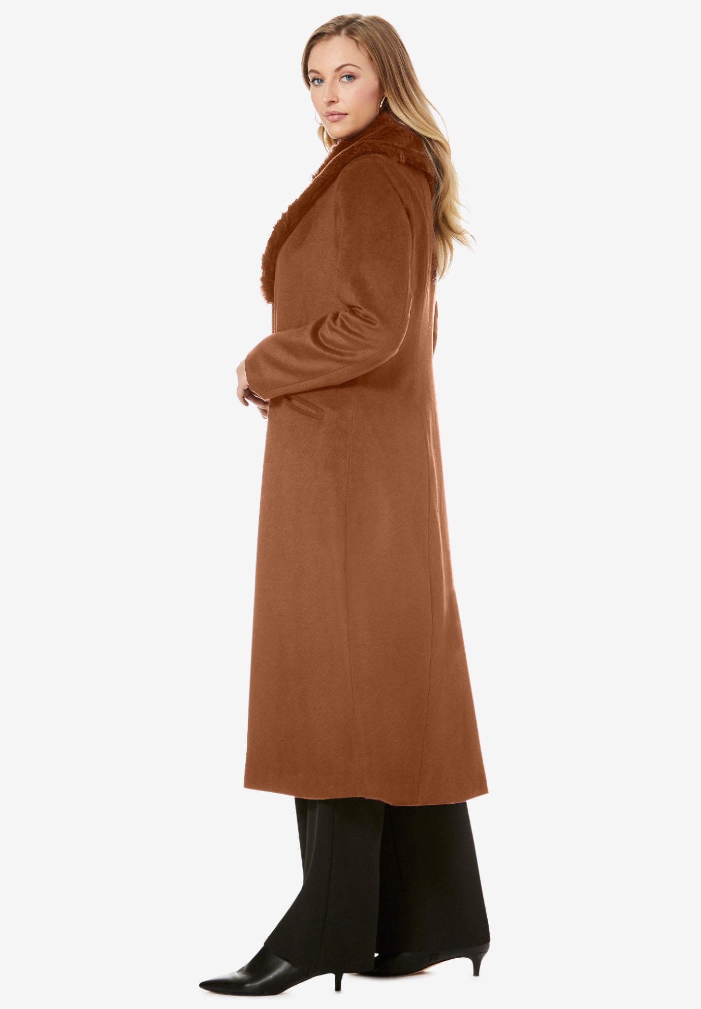 【YILON MADE】Waistmark eco fur coat ブラウン Long Wool-Blend Coat with Faux Fur Collar | King Size
