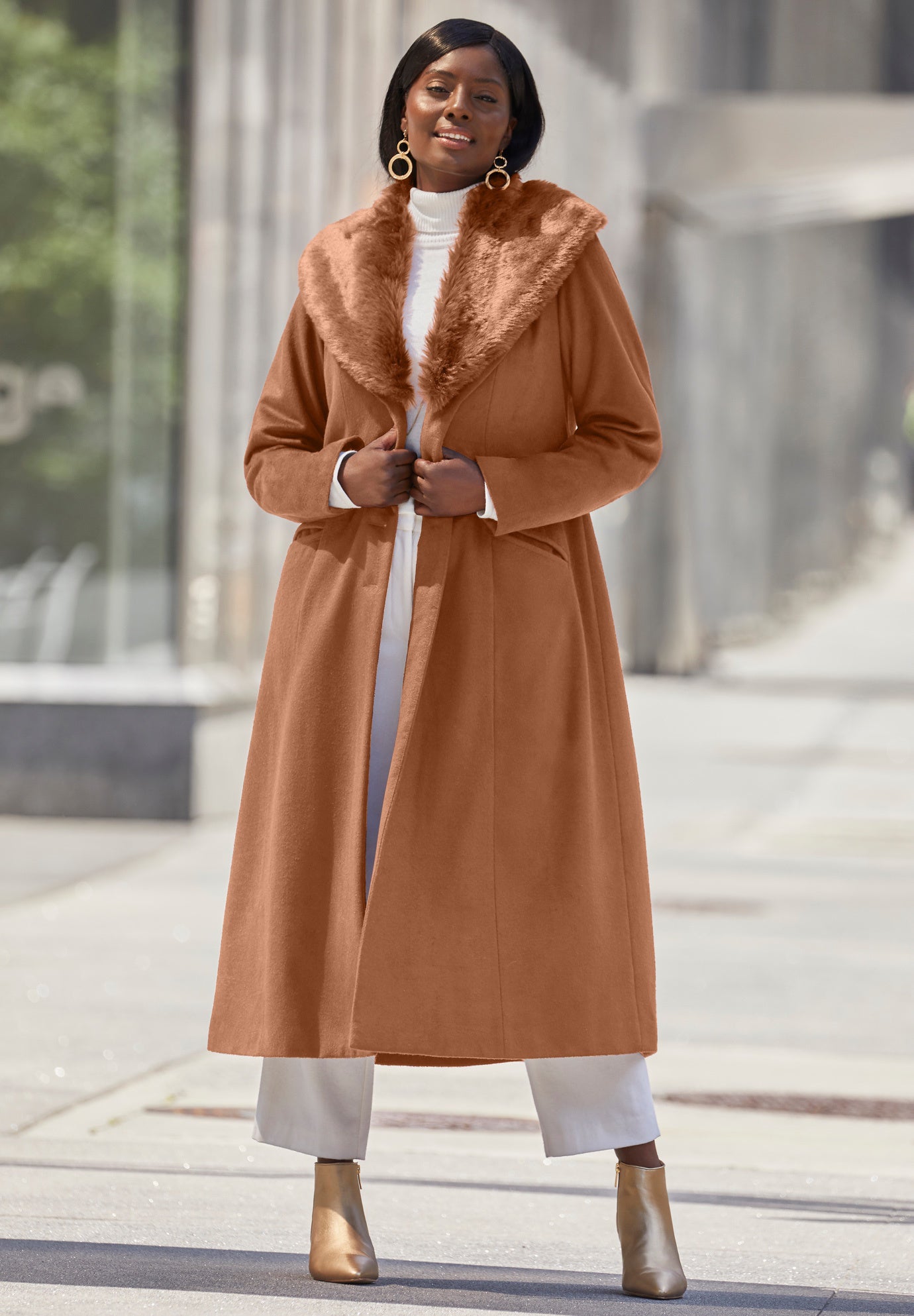 ジャケット・アウター CLANE OUBLE WOOL LONG COAT Long Wool-Blend Coat with Faux Fur Collar | King Size