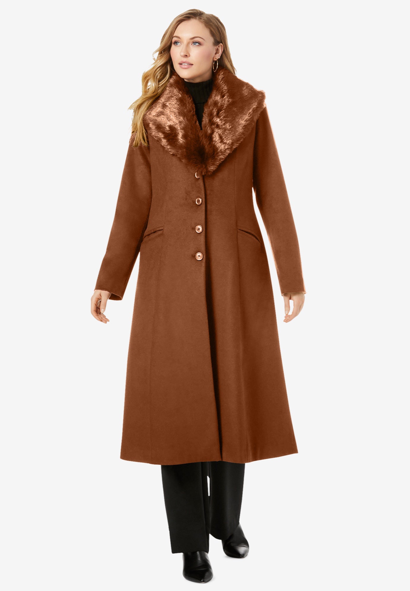 Long Wool-Blend Coat with Faux Fur Collar | King Size