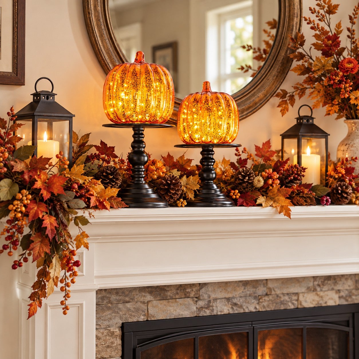 11"H x 6"Diam. Pre-Lit Mercury Glass Pumpkin on Metal Stand image number 3