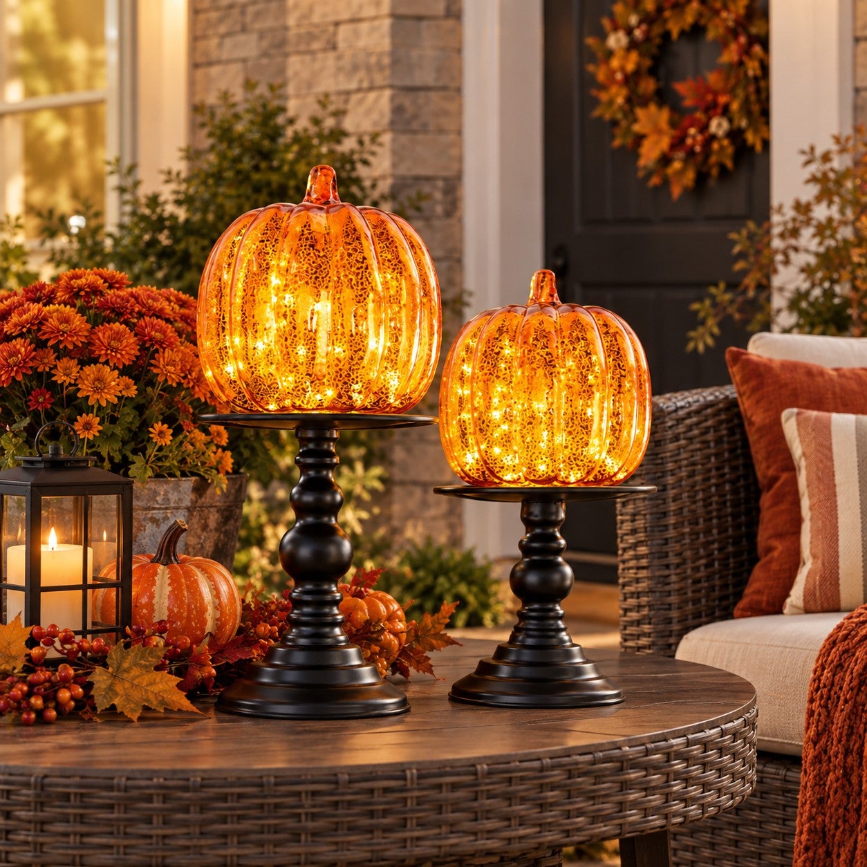 11"H x 6"Diam. Pre-Lit Mercury Glass Pumpkin on Metal Stand image number 5