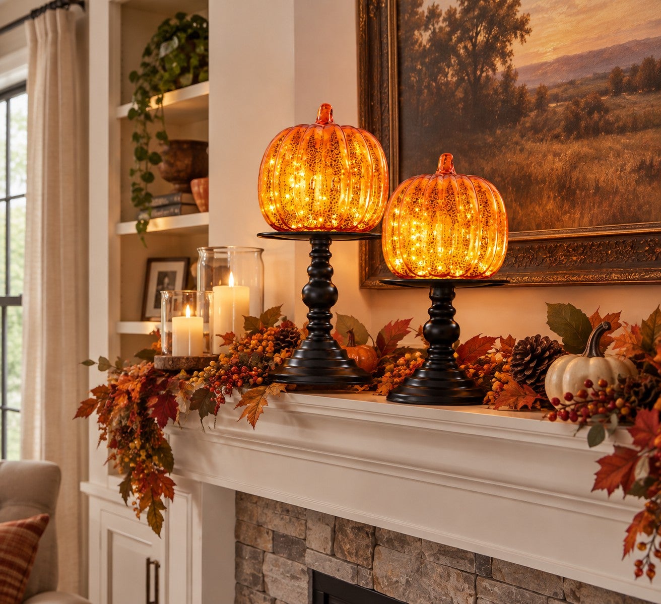 11"H x 6"Diam. Pre-Lit Mercury Glass Pumpkin on Metal Stand image number 7