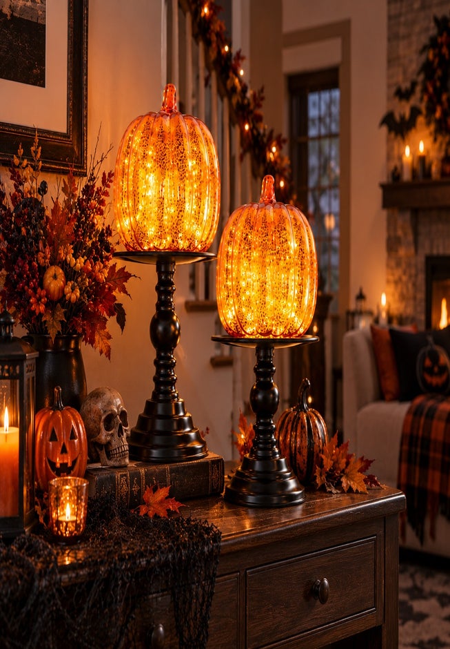 11"H x 6"Diam. Pre-Lit Mercury Glass Pumpkin on Metal Stand image number 2