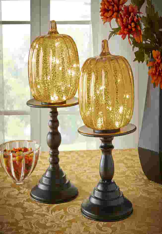 14½"H x 6"Diam Pre-Lit Glass Pumpkin on Stand image number 0