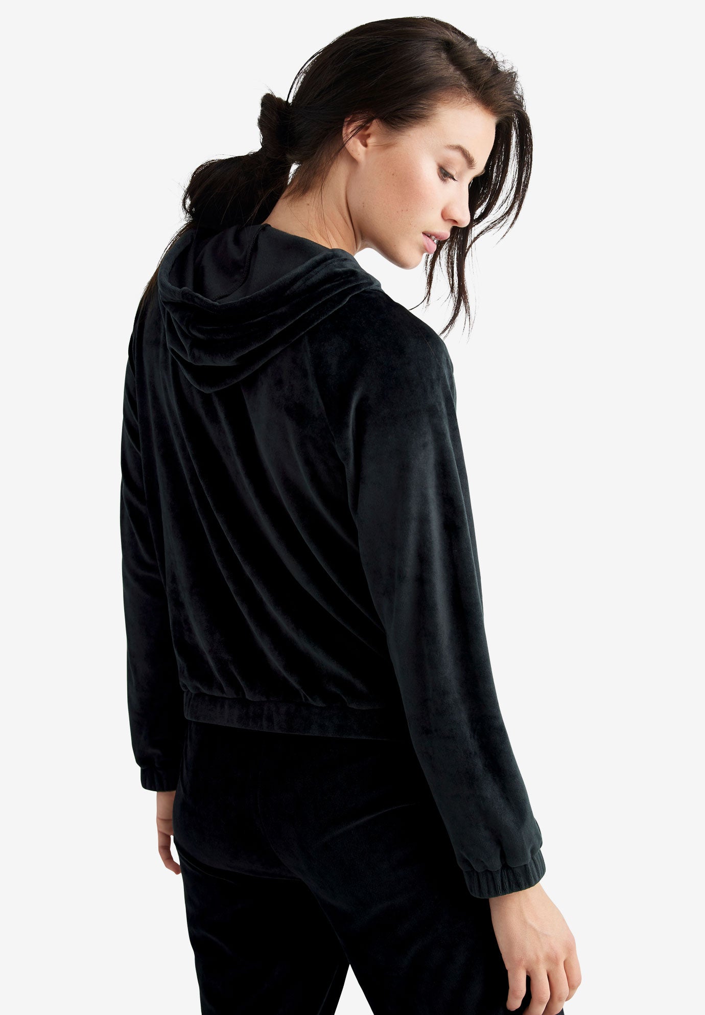 Stretch Velour Zip Front Long Sleeve Jacket With Hood image number 1
