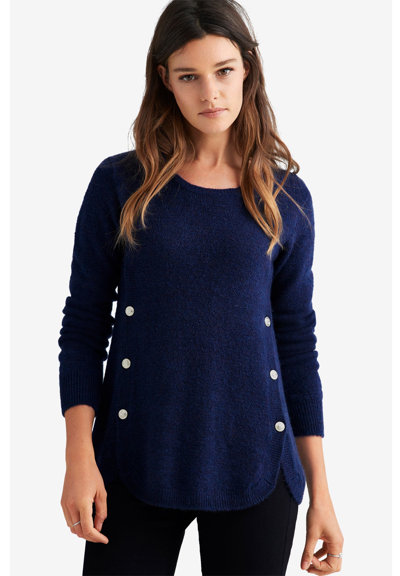 Stretch Scoop Neck Curved Hem With Buttons Pullover Sweater image number 0