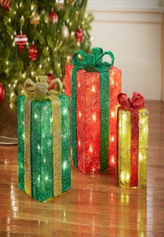 Pre-Lit Gift Boxes, Set of 3