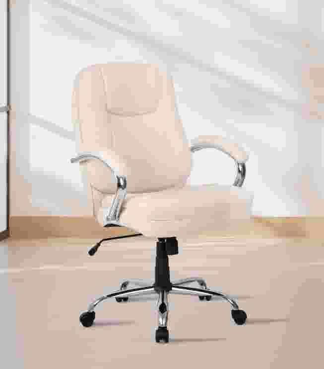 White office chair with chrome base and black wheels