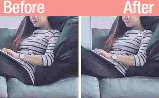 Before and after images showing a woman sitting on a couch with and without a cushion support.