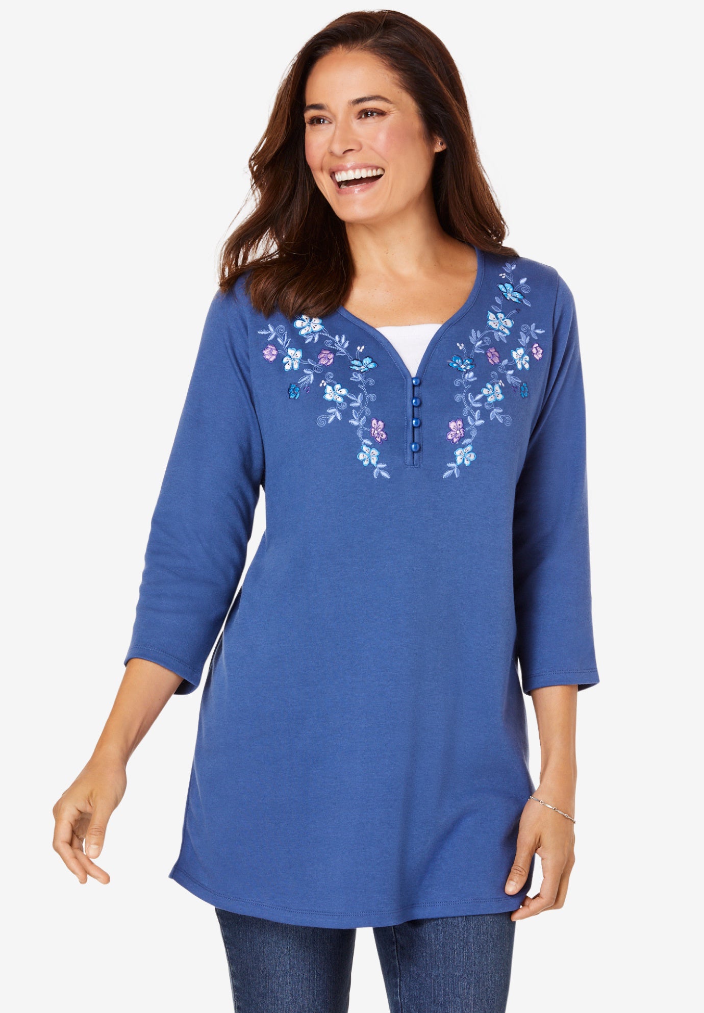 7-Day Layered-Look Embroidered Henley Tunic image number 0