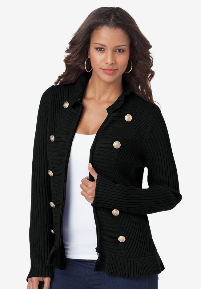 Plus Size Military-Inspired Ribbed Cardigan Sweater image number 2