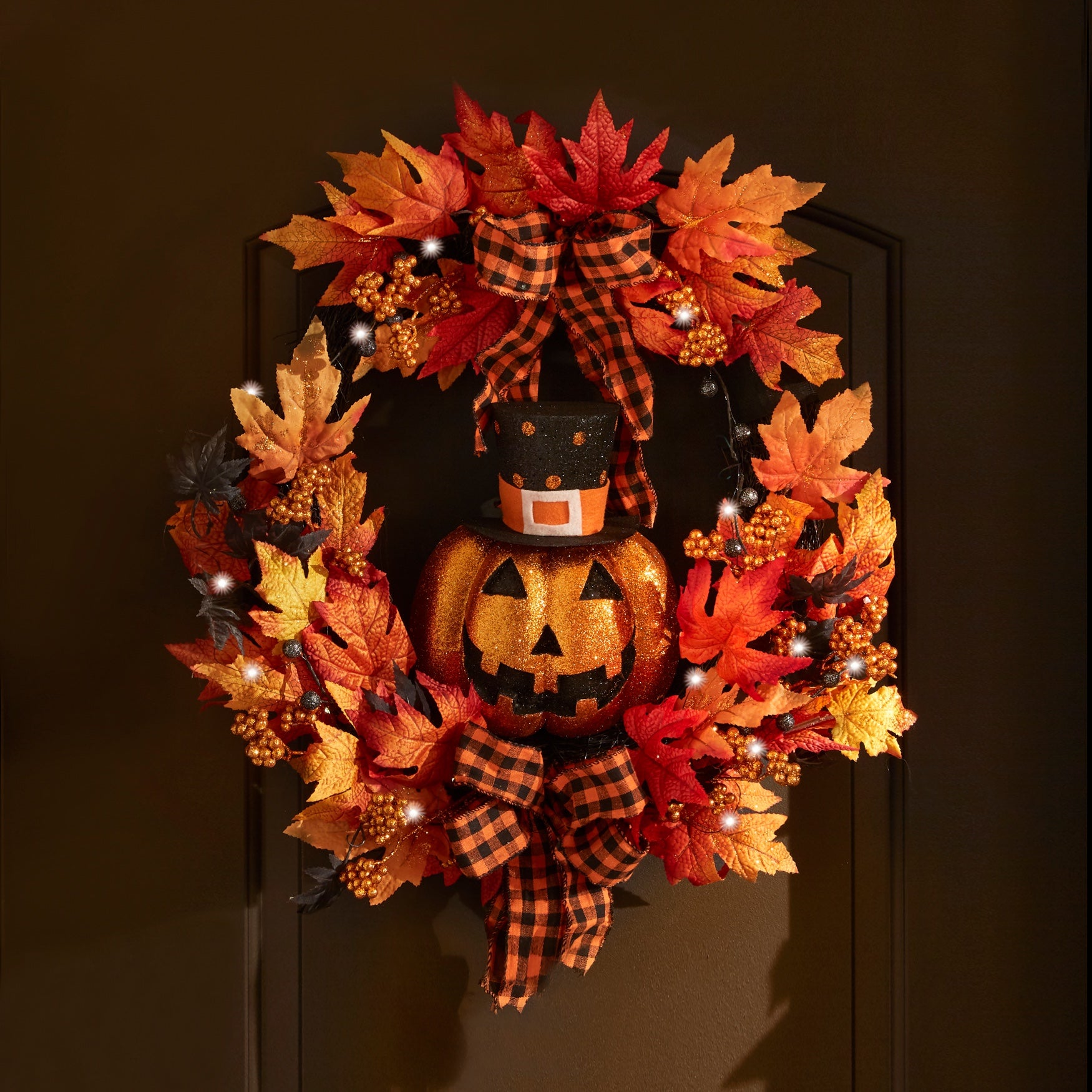 24" Pre-Lit Jack-O-Lantern Wreath image number 2